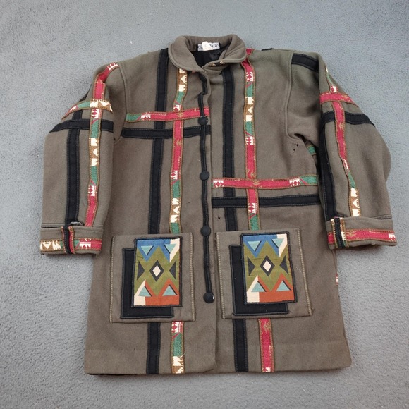 Coloratura Coat Womens Large Olive Boiled Wool Southwestern Geometric Applique - Picture 1 of 13